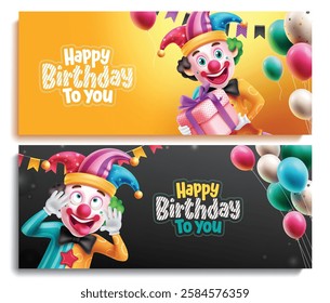 Happy birthday text vector banner set. Birthday greeting and invitation card with clown character mascot for occasion. Vector illustration birthday card layout collection.
