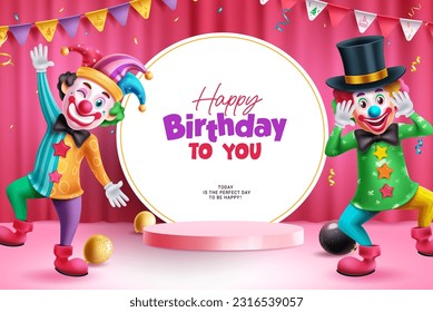 Happy birthday text vector deign. Birthday greeting in empty space with comedian, clown and buffoon funny characters. Vector illustration event podium presentation background. 