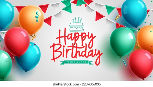 Happy birthday text vector design. Birthday balloons, pennant and confetti party decoration for kids celebration event background. Vector Illustration. 