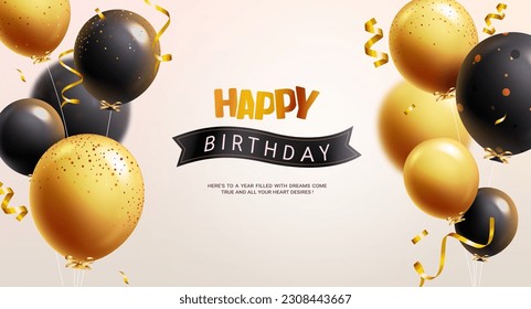 Happy birthday text vector design. Birthday greeting with bunch of gold and black balloons. Vector illustration anniversary party invitation card.