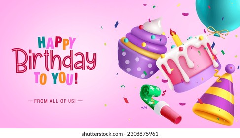 Happy birthday text vector design. Birthday greetings with party elements in pink background. Vector illustration invitation card.