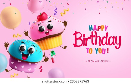 Happy birthday text vector design. Birthday cupcake and muffin character in cute facial expression party elements. Vector illustration greeting card design.