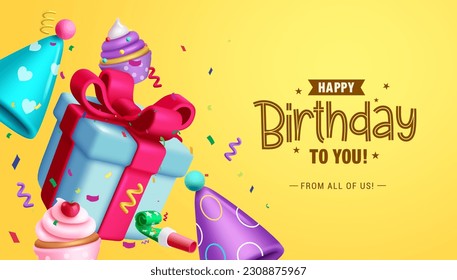 Happy birthday text vector design. Birthday elements gift, cupcakes and party hat with confetti in yellow background. Vector illustration for greeting card.