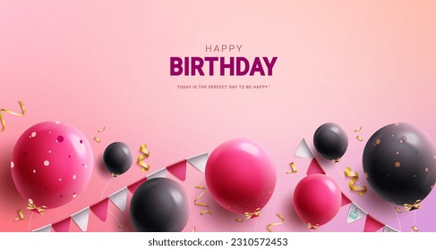 Happy birthday text vector design. Birthday balloons and pennants party decoration elements. Vector illustration greeting card background.