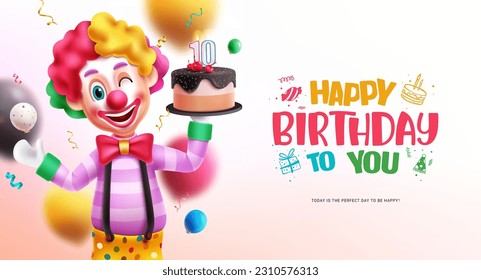 Happy birthday text vector design. Birthday clown and mascot character holding party cake with happy facial expression. Vector illustration greeting and invitation card. 