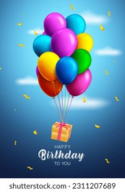 Happy birthday text vector design. Birthday balloons bunch flying and floating surprise elements. Vector illustration balloon elements.