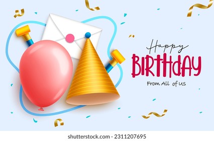 Happy birthday text vector design. Birthday greeting and invitation card with party elements background. Vector illustration for birthday celebration.