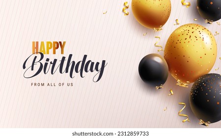 Happy birthday text vector design. Birthday balloons in gold and black color party elements decoration. Vector illustration greeting card background.