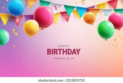 Happy birthday text vector design. Birthday balloons with pennants and streamer for kids party. Vector illustration invitation card background.