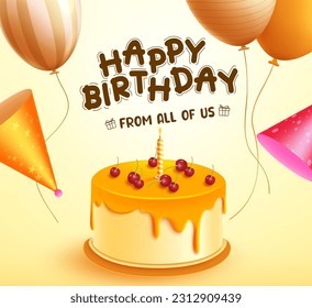 Happy birthday text vector design. Birthday greeting with cake party elements in yellow background. Vector illustration for golden birthday and anniversary celebration.