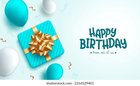 Happy birthday text vector design. Birthday party elements like gift and balloons in pastel color background. Vector illustration greeting card design.