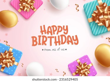 Happy birthday text vector design. Birthday greeting with birthday elements like gift and balloon for card and invitation. Vector illustration for birthday message.