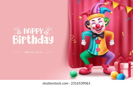 Happy birthday text vector design. Birthday clown character in standing pose for party event celebration with happy facial expression. Vector illustration greeting card bakground.