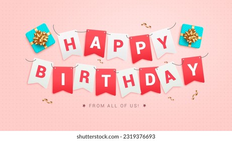 Happy birthday text vector design. Birthday greeting pennants and streamers in red and white letter in pink background. Vector illustration of party decoration.