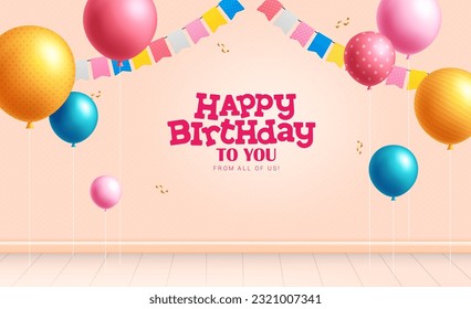 Happy birthday text vector design. Birthday balloons and pennants party decoration elements. Vector illustration greeting card background.