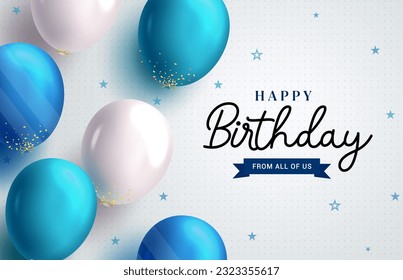 Happy birthday text vector design. Birthday greeting in pattern background with white and blue realistic balloons for card template. Vector illustration for dedication and birthday celebration.