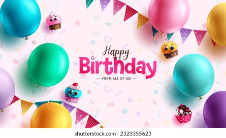 Happy birthday text vector design. Birthday greeting in doodle background with party elements like balloons and cupcakes. Vector illustration for invitation card decoration.