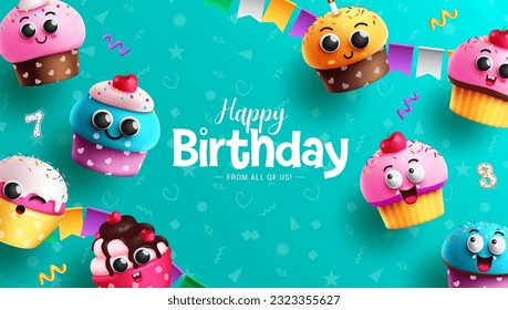 Happy birthday text vector design. Birthday text with cute and cupcakes in doodle blue background for card and invitation template. Vector illustration for birthday wrapper.