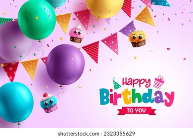 Happy birthday text vector design. Birthday greeting with party elements in pink background for card template. Vector illustration for party celebration. 