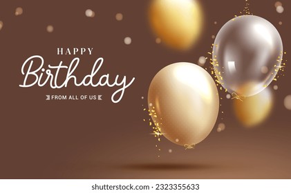 Diseño de vector de texto de cumpleaños feliz. Saludo de cumpleaños con elementos de oro y globos translúcidos en un elegante fondo. Ilustración vectorial para la plantilla de la tarjeta de invitación.