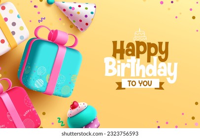 Happy birthday text vector design. Happy birthday greeting text with gift box, party hat and toy cartoon decoration. Vector illustration invitation card template. 