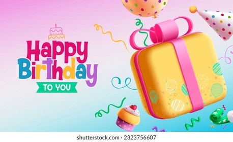 Happy birthday text vector design. Birthday invitation card with gift cartoon box and colorful party elements. Vector illustration greeting background. 