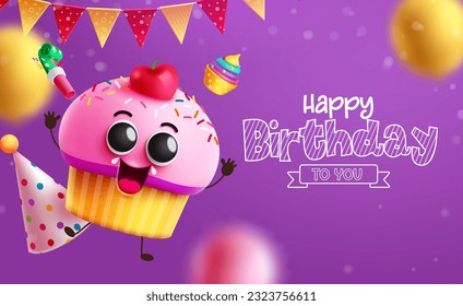 Happy birthday text vector design. Birthday cupcake character and party hat with colorful sprinkles in purple space. Vector illustration invitation card design.  