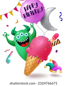 Happy birthday text vector design. Monster birthday character with strawberry ice cream and flying balloons decoration elements. Vector illustration greeting card concept.