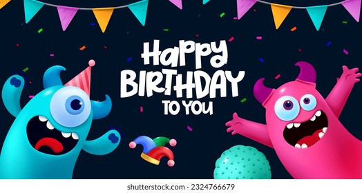 Happy birthday text vector design. Birthday kids party with happy, funny and cute monsters character. Vector illustration invitation card background.