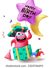 Happy birthday text vector design. Birthday cute monster character holding star balloon in gift box surprise elements. Vector illustration invitation card concept.