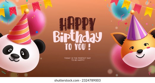 Happy birthday text vector design. Birthday animal emoji characters in blurred background for party celebration. Vector illustration dedication greeting card. 