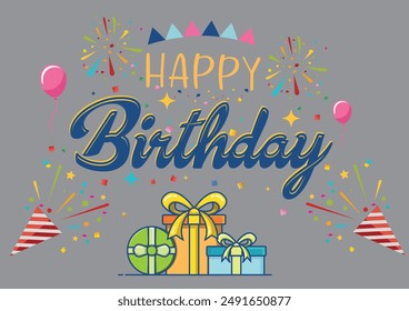 Diseño de Vector de texto de feliz cumpleaños. Tipografía de cumpleaños con caja de regalo, globos coloridos Elementos de decoración