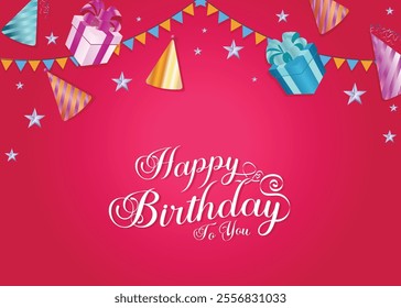 Happy birthday text vector design. Birthday greeting with birthday elements like gift and balloon for card and invitation. Vector illustration for birthday message.