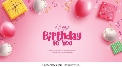 Happy birthday text vector design. Birthday balloons, gift box and confetti party elements in pink background. Vector illustration invitation card design.
