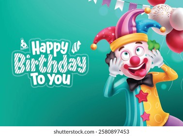 Happy birthday text vector design. Birthday greeting card with funny face clown character and balloons party elements. Vector illustration event invitation background. 
