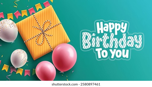 Happy birthday text vector design. Birthday greeting card with gift box, balloons and pennants party elements. Vector illustration invitation card background.

