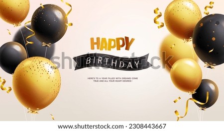 Happy birthday text vector design. Birthday greeting with bunch of gold and black balloons. Vector illustration anniversary party invitation card.
