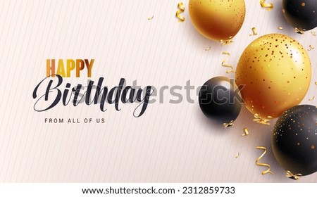 Happy birthday text vector design. Birthday balloons in gold and black color party elements decoration. Vector illustration greeting card background.