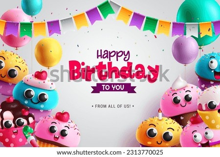Happy birthday text vector design. Birthday invitation card with cup cake and muffin cartoon characters. Vector  illustration greeting and event greeting background.