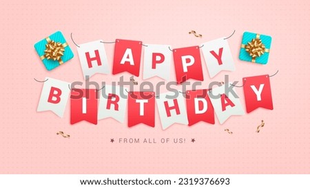 Happy birthday text vector design. Birthday greeting pennants and streamers in red and white letter in pink background. Vector illustration of party decoration.