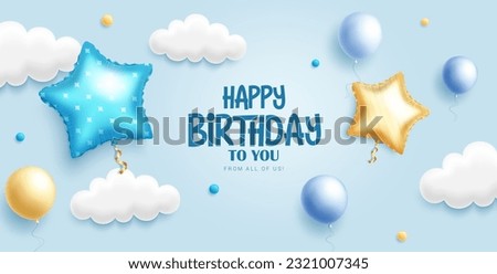 Happy birthday text vector design. Birthday greeting with sky, clouds and flying balloons in blue background. Vector illustration for baby boy celebration.