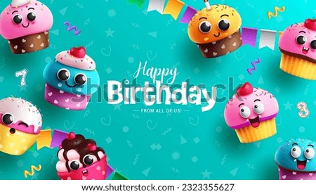 Happy birthday text vector design. Birthday text with cute and cupcakes in doodle blue background for card and invitation template. Vector illustration for birthday wrapper.