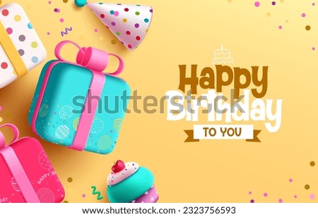 Happy birthday text vector design. Happy birthday greeting text with gift box, party hat and toy cartoon decoration. Vector illustration invitation card template. 