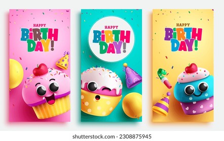 Happy birthday text vector poster design. Birthday greeting collection in empty space with cup cake characters elements. Vector illustration invitation card background.