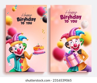 Juego de afiches del vector de texto feliz de cumpleaños. Personaje de payaso de cumpleaños llevando pastel y regalo para la celebración de la fiesta. Diseño de tarjeta de saludo de ilustración vectorial.