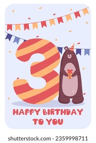 Happy birthday text vector poster design for children. 3 year birthday greeting card with cartoon style bear character. Vector illustration invitation card.