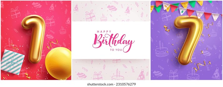 Happy birthday text vector set banner. 1st and 7th birthday celebration in elegant background. Vector illustration invitation card lay out collection.