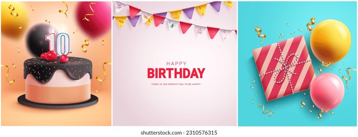 Happy birthday text vector set banner design. Birthday cake, surprise gift and pennants party elements. Vector illustration greeting and invitation card collection