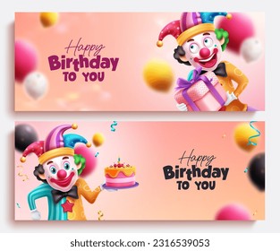 Herzlichen Glückwunsch zum Geburtstag, Vektorset-Banner. Birthday Clown und Zauberfigur auf buntem Hintergrund. Vektorgrafik Einladungskartendesign. 