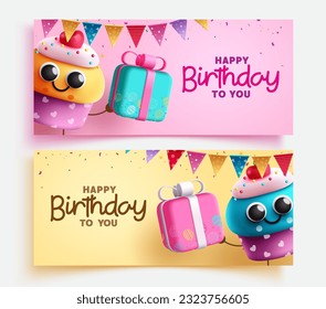 Happy birthday text vector set banner design. Birthday invitation card with colourful cup cake, gift box and pennants decoration. Vector illustration greeting card collection layout.